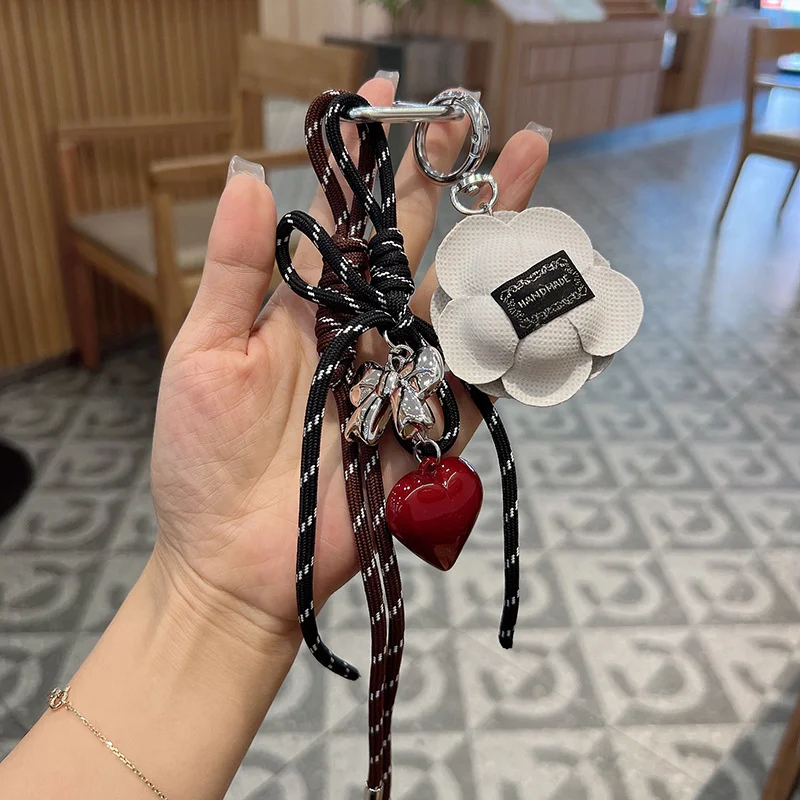 Handmade Camellia Flowers Personalized Heart Keychain Creative Simple Diy Rope Pendant Tassels Trendy Accessory Gifts