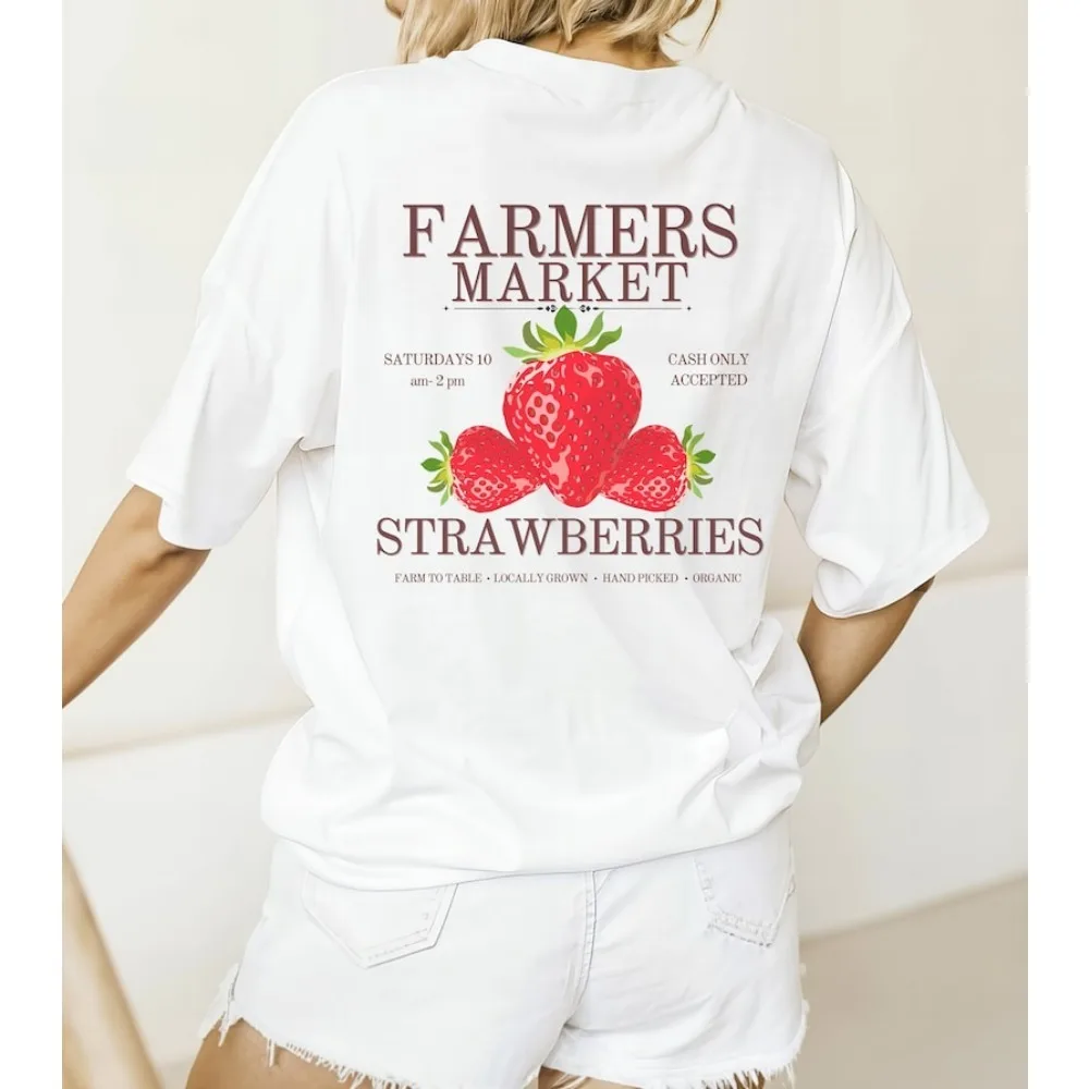 

Strawberry TShirt Farmers Market Strawberries Double Sided Cotton Tee Summer Shirt Cottagecore Vintage Fruit Tshirt Graphic tops
