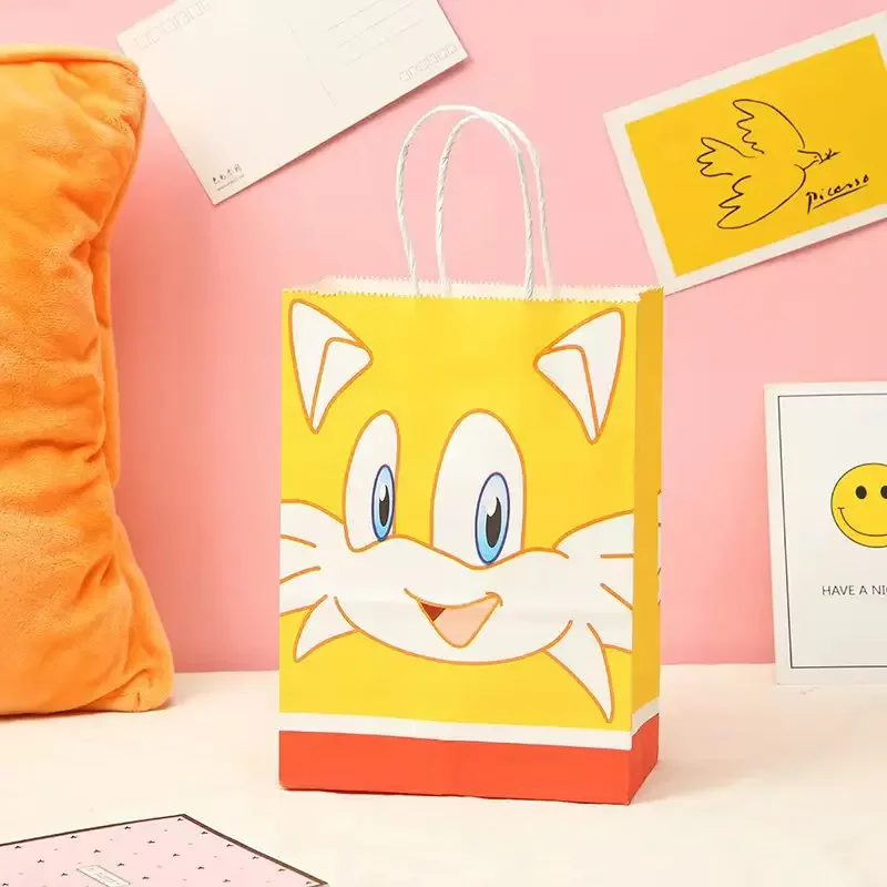 Juego de 5 piezas de bolsas de regalo de papel Kraft con dibujos animados de Sonic Anime, lindas pegatinas para pasteles, dulces y galletas, bolsas de regalo, suministros de decoración para fiestas