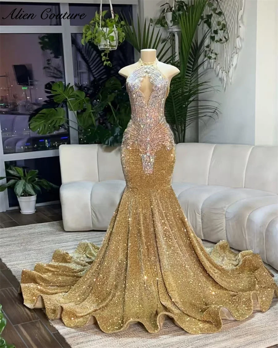Prom Dress For Black Girls Halter Beads Crystals Sequins Gown Birthday Party Wedding Reception Customized