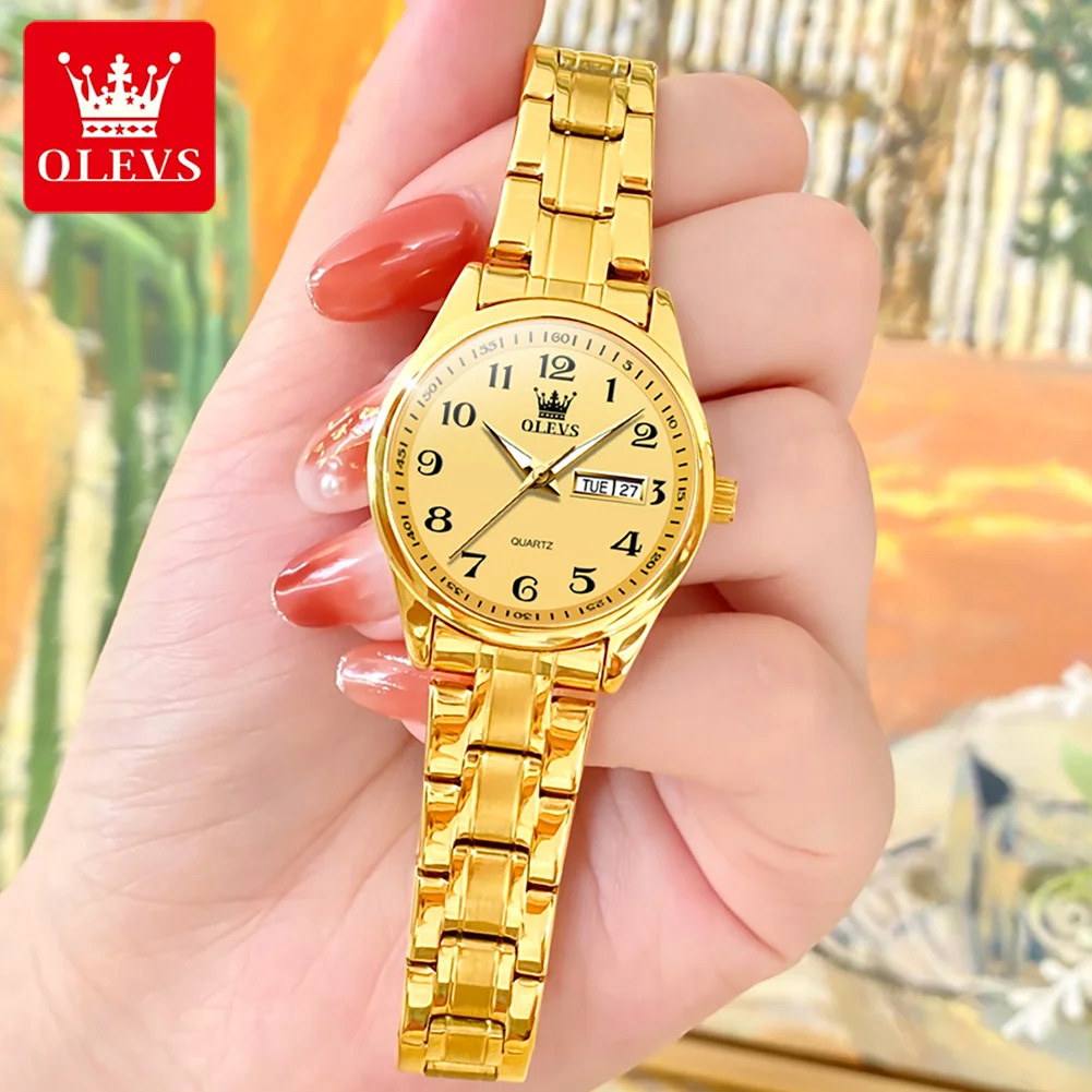 OLEVS Brand Luxury Gold Quartz Watch for Womens Stainless Steel Waterproof Week Date Elegant Women Dress Watch Reloj Hombre