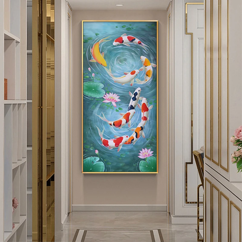 Koi Fish Feng Shui Carp Lotus Pond Immagini Pittura A Olio Su Tela Poster E Stampe Cuadros Wall Art Pictures For Living Room