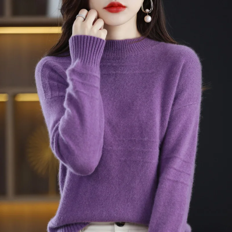 

Women's Half Turtleneck Pullover 100% Pure Wool Cashmere Sweater Casual Fashion Autumn Winter Loose Solid Color Knit Top Women