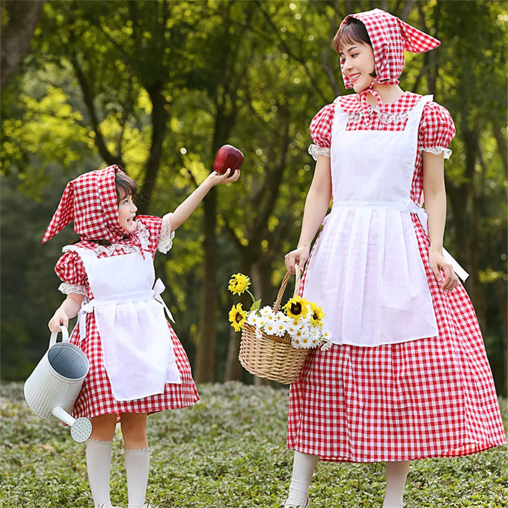 Dorosły I Dziewczęcy Tradycyjny Niemiecki Plaid Dirndl Sukienka Oktoberfest Kostium Francuski Estate Farm Maid Cosplay Fantazyjny Strój Rodzic-Dziecko