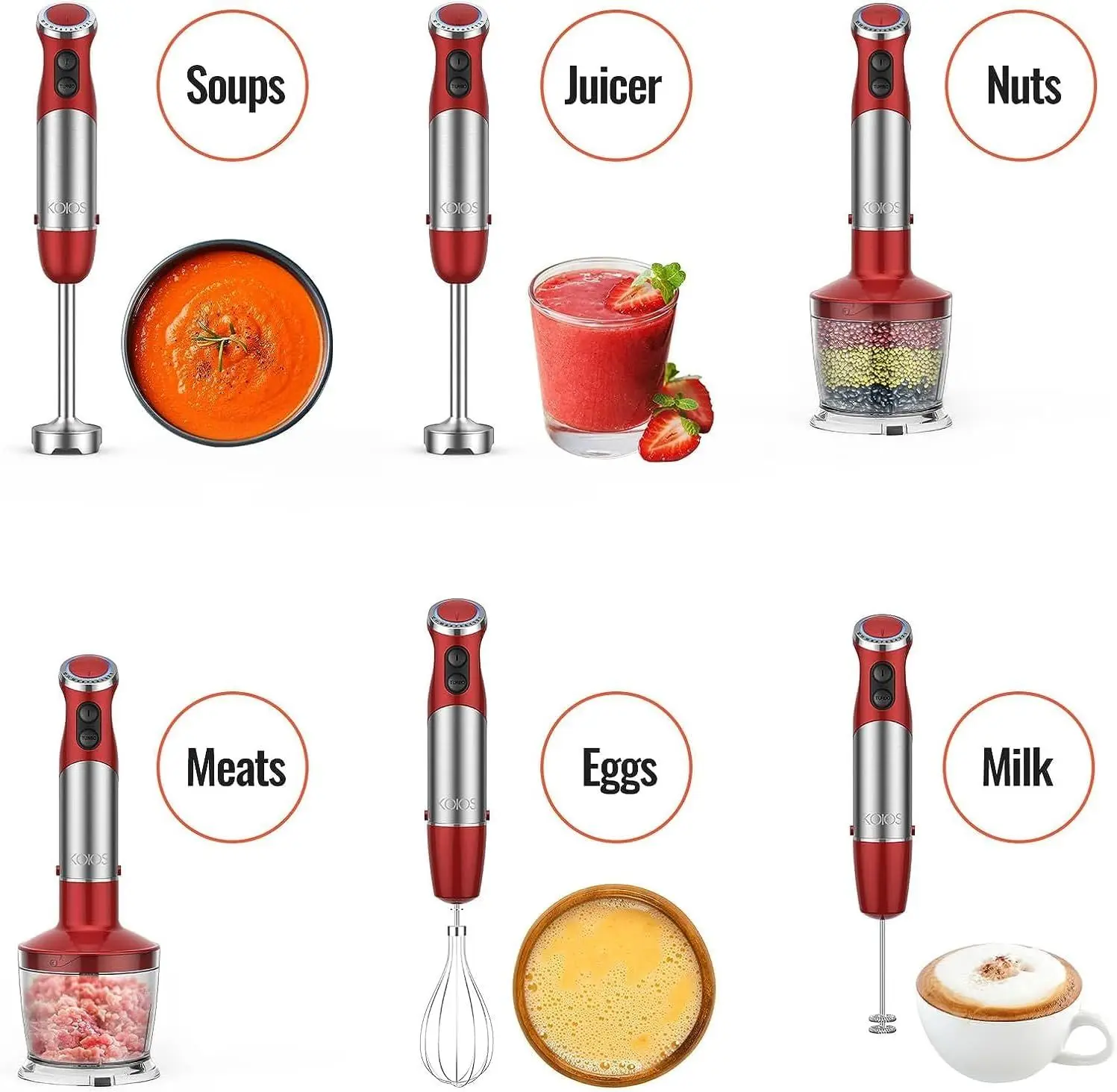 5-in-1 Hand Immersion Blender, 1000W 12 Speed Handheld Blender, Copper Motor Stainless Steel Blade Stick Blender,600ml Mixing Beaker,500ml Food Processor, Whisk, Milk Frother, BPA-Free, Red 6