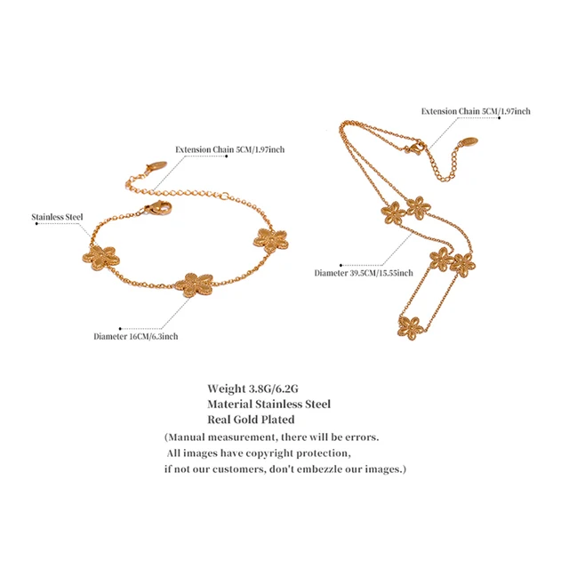 Yhpup Trendy Flower Chain Gold Color Necklace Bracelet Bangle Stainless Steel Summer Jewelry for Women Waterproof Party Gift 5