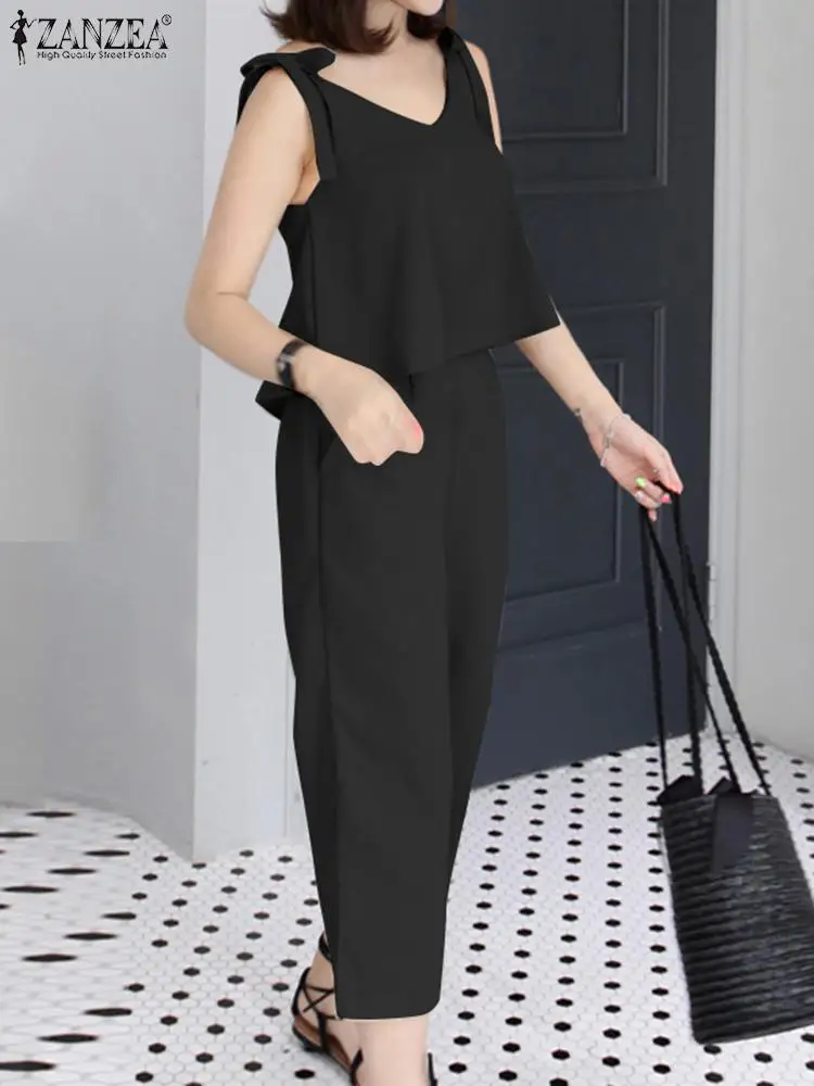 

Брюки ZANZEA женские с эластичным поясом, повседневный однотонный комплект из 2 предметов, спортивный костюм с V-образным вырезом, на лето, 2023