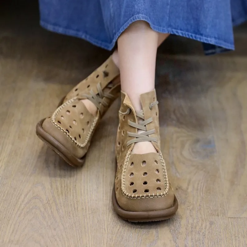 

YourSeason Ladies Vintage Handmade Hollow Out Flat Shoes Genuine Leather Sandals Women Sofe Sole Summer Boots Square Toe