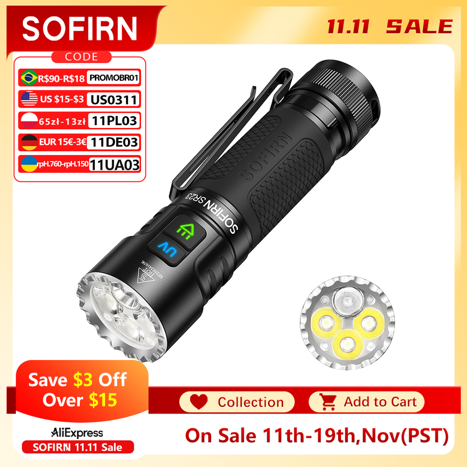 Sofirn SR23 Flashlight EDC TN3535 3000LM 365nm UV SST08 USB-C 21700 Rechargeable Light With Dual Switch