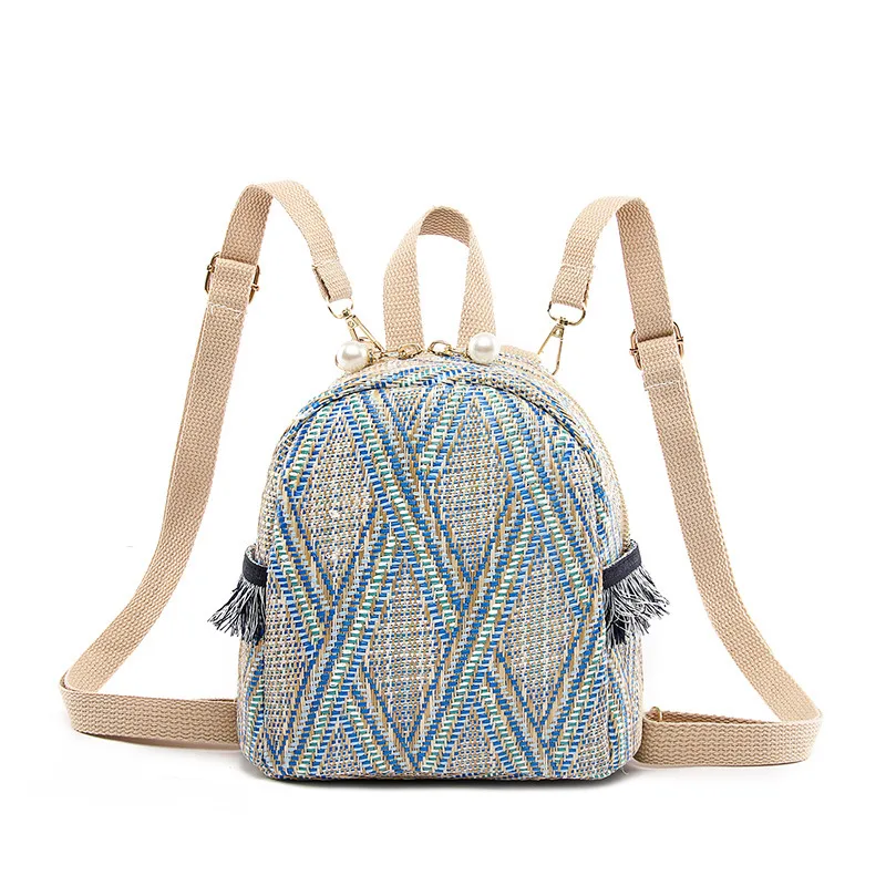 New Women Straw Backpack Rucksack Geometric Tassel Travel Bag Korean Version Girls Student Bags Casual Zipper Softback Backpack 5