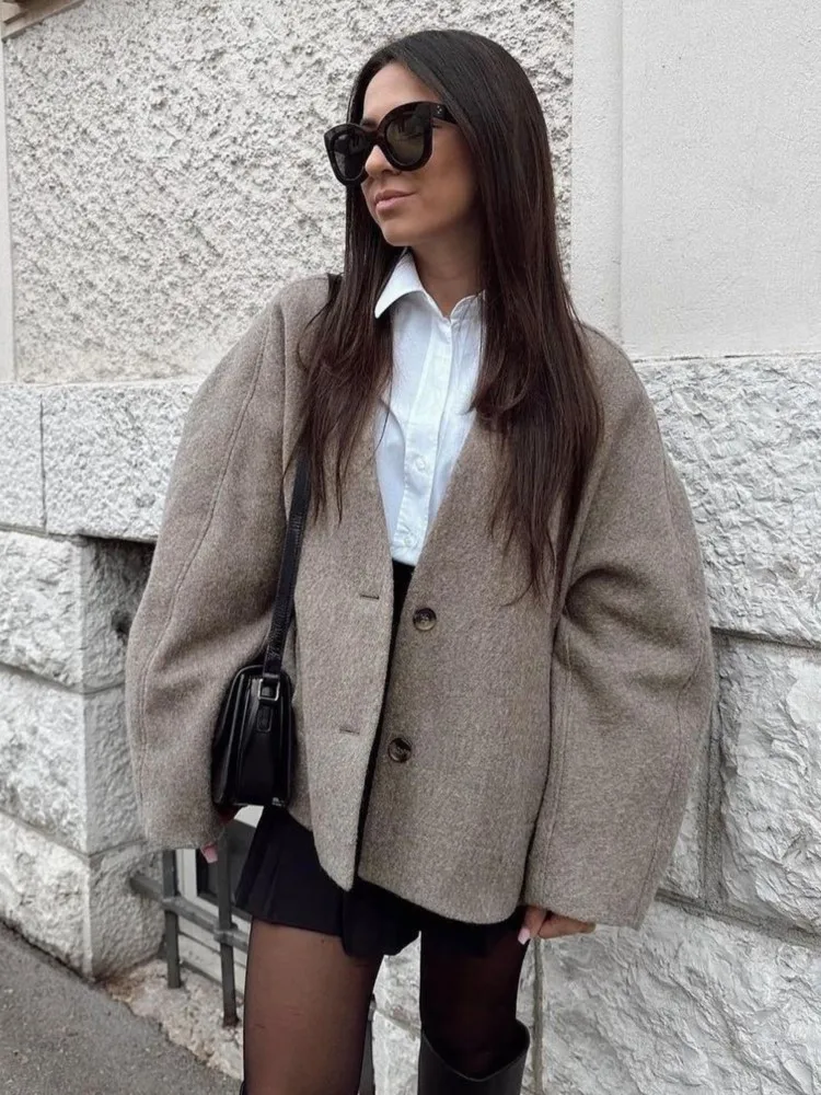 Elegant Straight Cut Wool Jacket Women Fashion V Neck Single Breasted Short Coat 2023 Autumn Chic Lady Office Street Outerwear