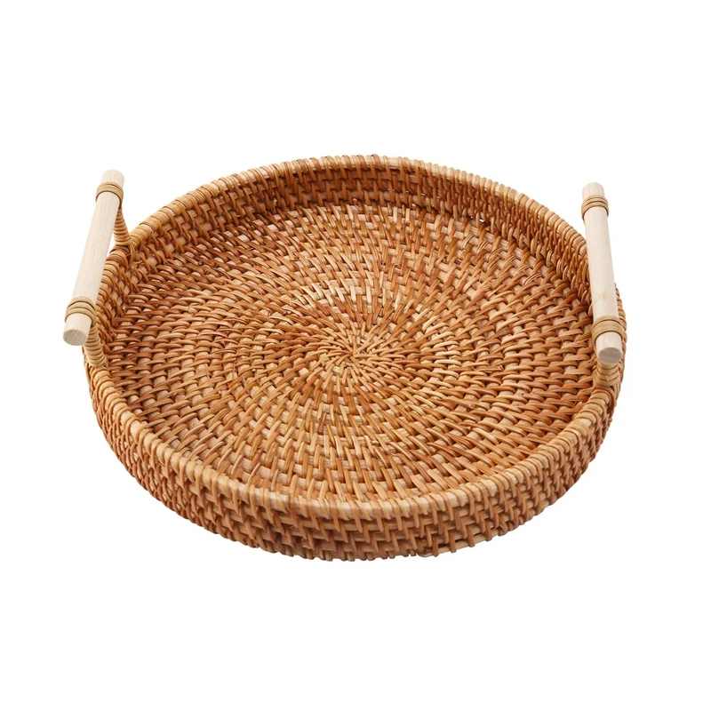 

Rattan Storage Tray, Round Basket With Handle, Hand-Woven, Rattan Tray Wicker Basket Bread Fruit Food Breakfast Display L