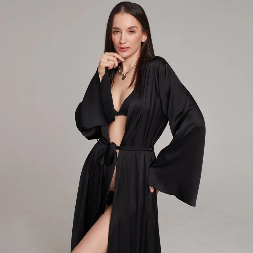 Women's Satin Long Bathrobe Long Sleeve V Neck Ladies Dressing Gown with Sashes Silk Like Solid Loose Kimono for Female Homewear