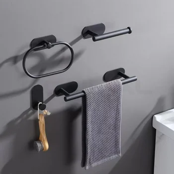 Portasciugamani per bagno senza foratura Set di accessori da bagno neri in acciaio inossidabile Portarotolo di carta igienica Portasciugamani 1