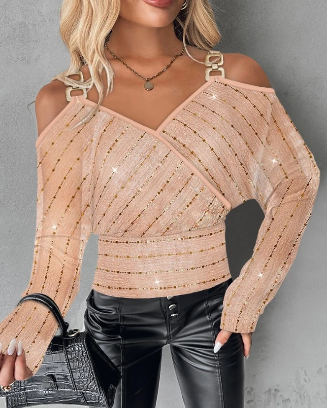 Women Blouse Spring Autumn Sexy Elegant Cold Shoulder Sequin Mesh Top Temperament Commuting V-Neck Casual Blouses Y2K Tops 2023 spring and summer fashion slim thin mesh hollowed jacquard casual commuting simple temperament three quarter sleeve blazer