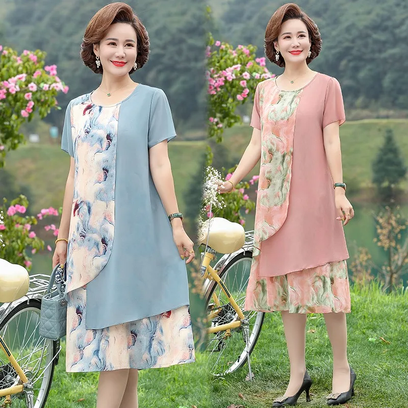 Moms Summer Dress 2022 New Style Wide Lady Western Noble Middleaged And Elderly Womens Short