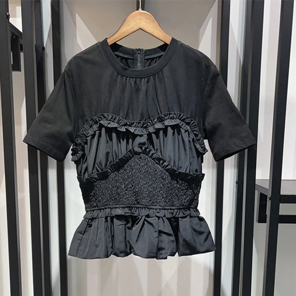 

2024 Spring and summer new fashion casual splicing pleated ruffle waisted round neck t-shirt