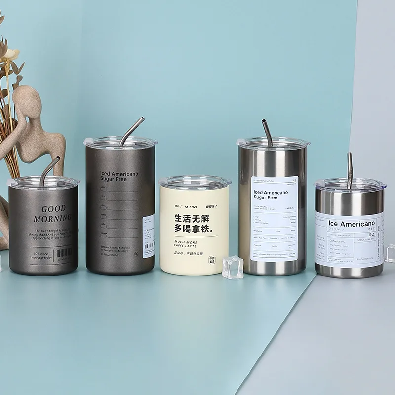 

304 stainless steel iced American coffee cup vacuum double-layer straight cup with straw portable thermos cup Christmas gift