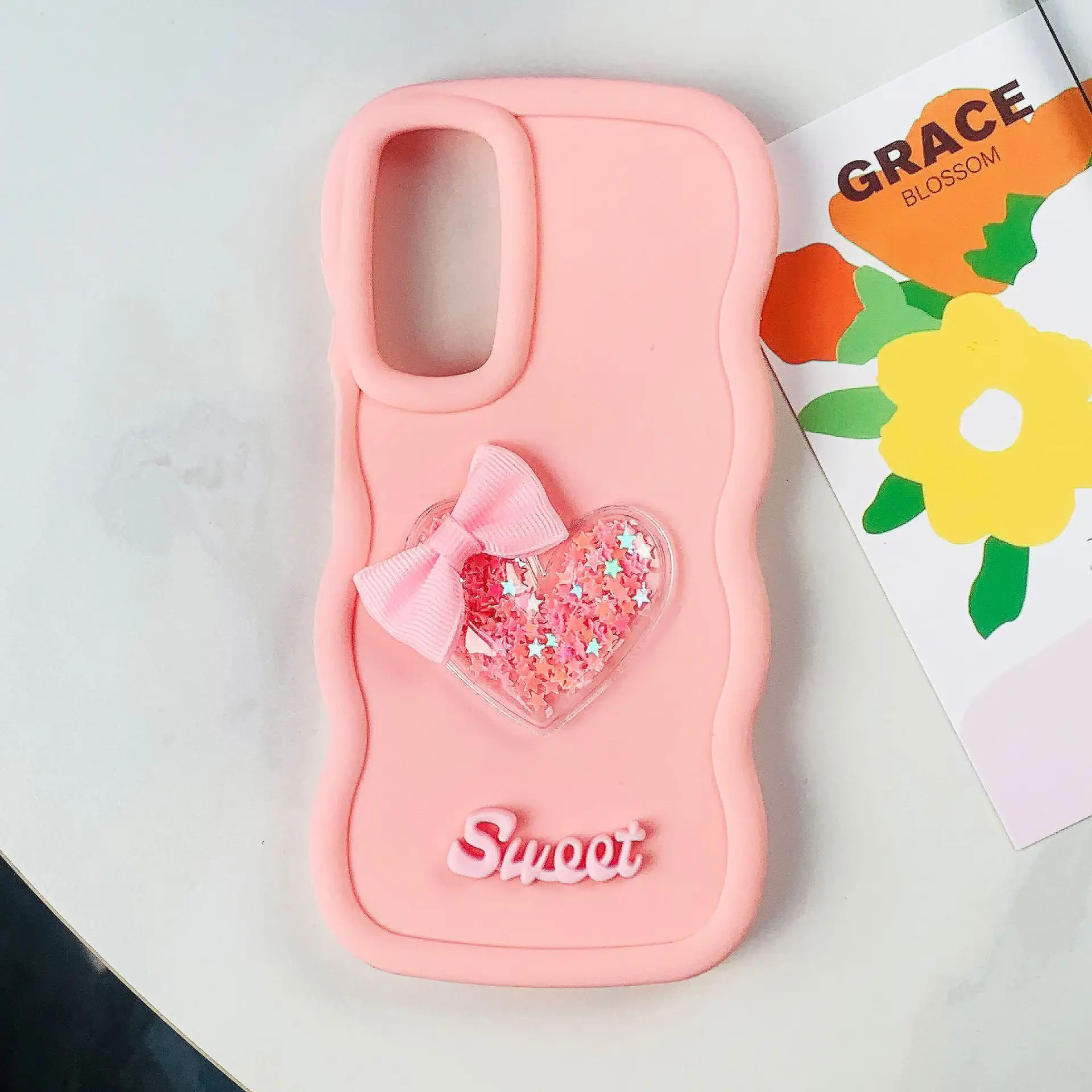 Charming 3D Quicksand Heart Bow Silicone Phone Case