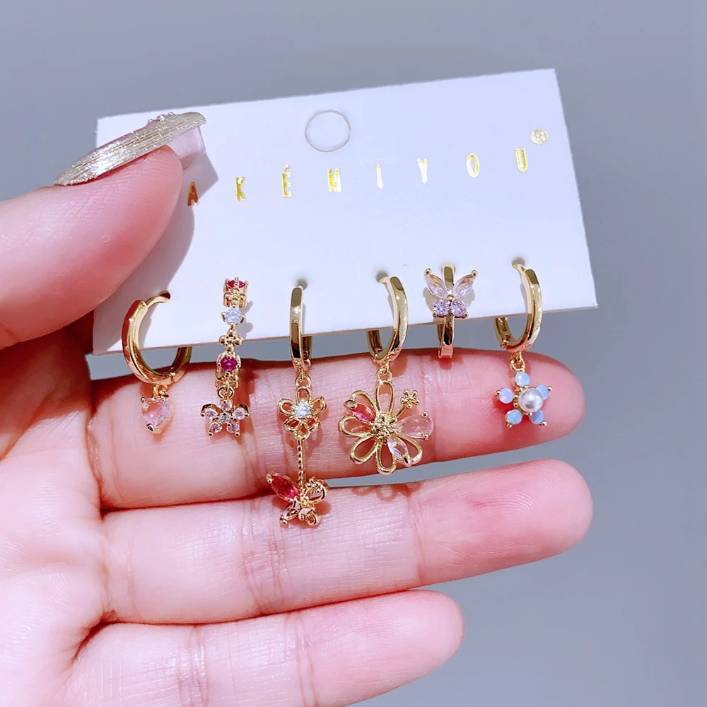 High End 6pcs/set Flower Butterfly Pendant Drop Earrings Gold Plated Cubic Zirconia Stone Women Jewelry 6