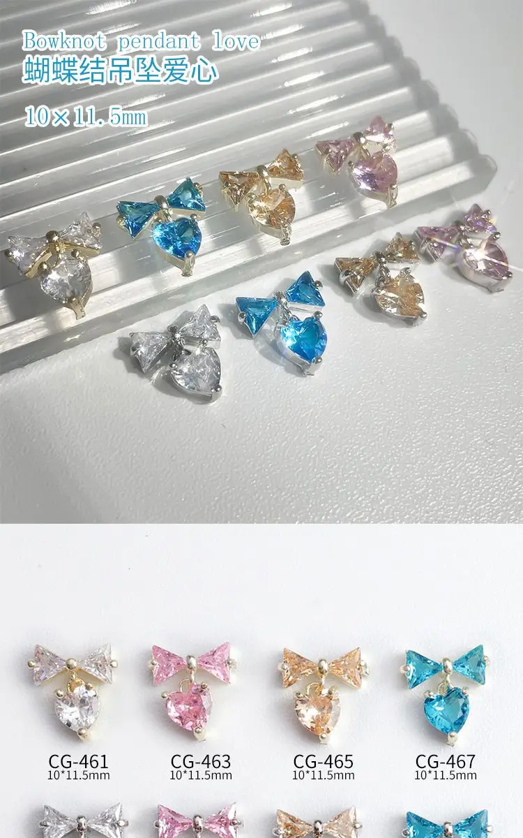 10 teile/los Bogen Herz Anhänger Quaste Zirkon Kristalle Strass Nail art Schmuck Dekorationen Nägel Zubehör Charms Liefert – Detail 1