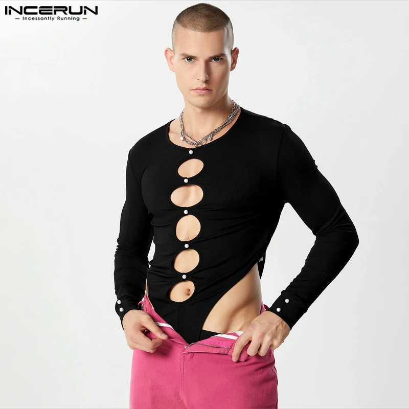 

INCERUN 2023 Sexy Mens Jumpsuits Hollow Pearl Button Decorative Bodysuit Sexy Male Solid Thin Long Sleeve Triangle Rompers S-3XL