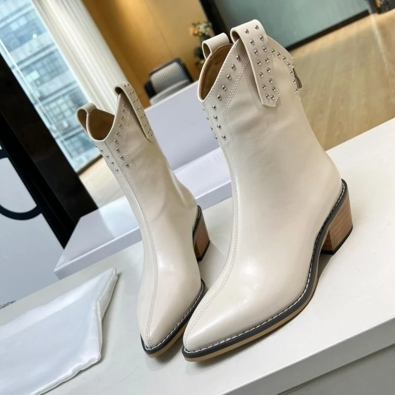 

Studded Leather Ankle Boots High Heels Rivet Fashion Mid-Calf Boots For Women Trend Style Autumn Chunky Shoes All-match Cowboy