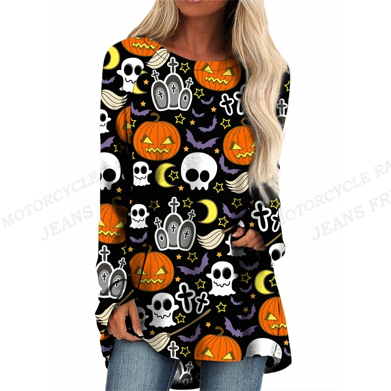 

Женская футболка с 3D-принтом черепа, модные женские топы с круглым вырезом и длинным рукавом, топы на Хэллоуин, женские футболки, женская одежда