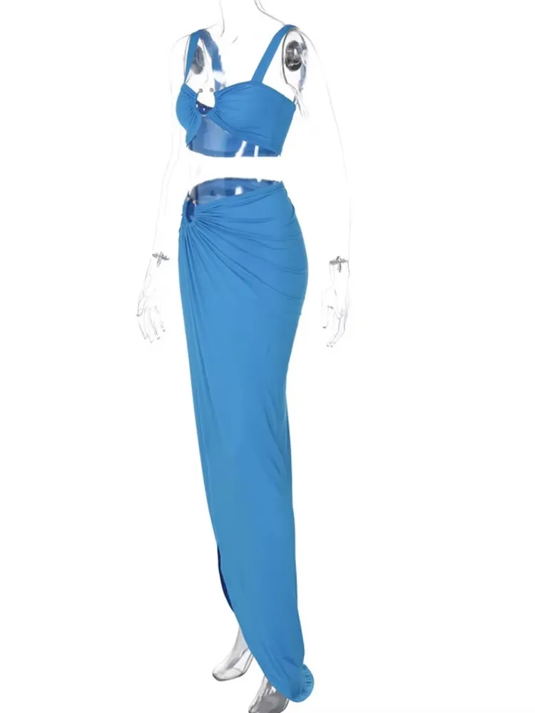 Beyprern Beautiful High Slit Gold Metal Detailed Skirt Two Piece