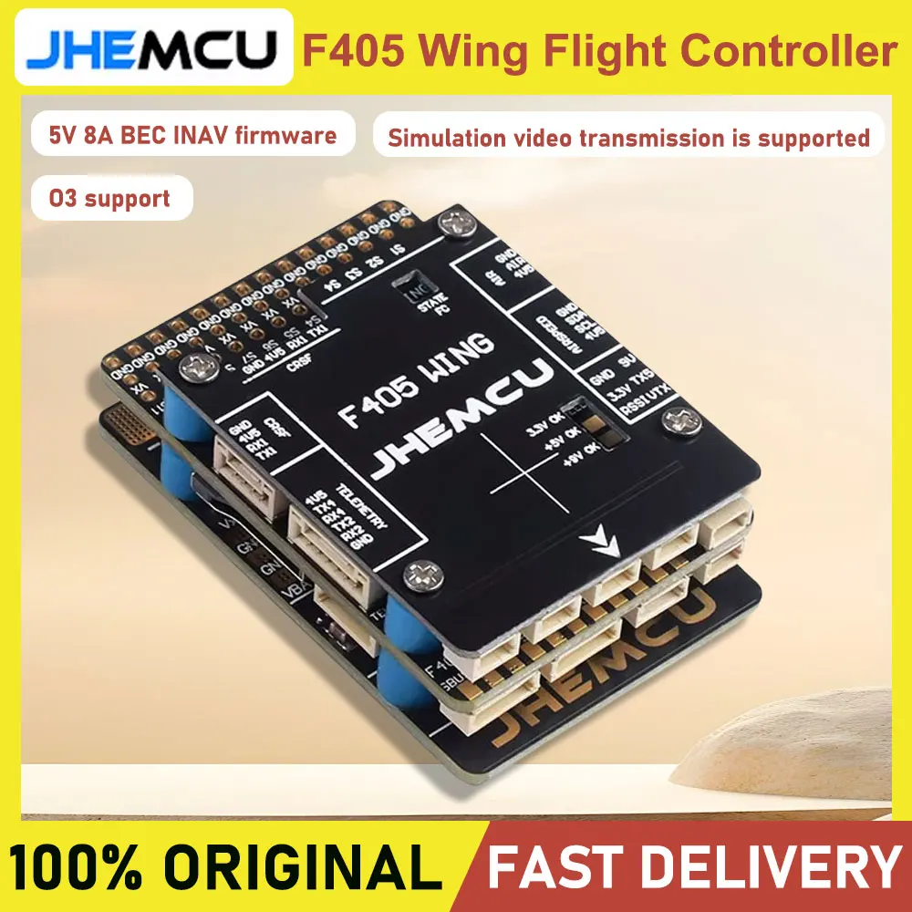 Contrôleur de vol F405 WING FC 1Mo Flash monté sur un drone FPV, avec connecteurs et dissipateur thermique.