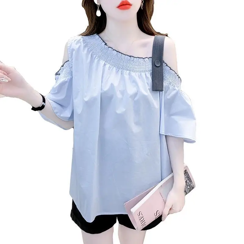 Sweet Slash Neck Slip Shirring Off Shoulder Blouses Female Clothing 2024 Summer New Loose Chic Solid Color Tops Casual Shirts