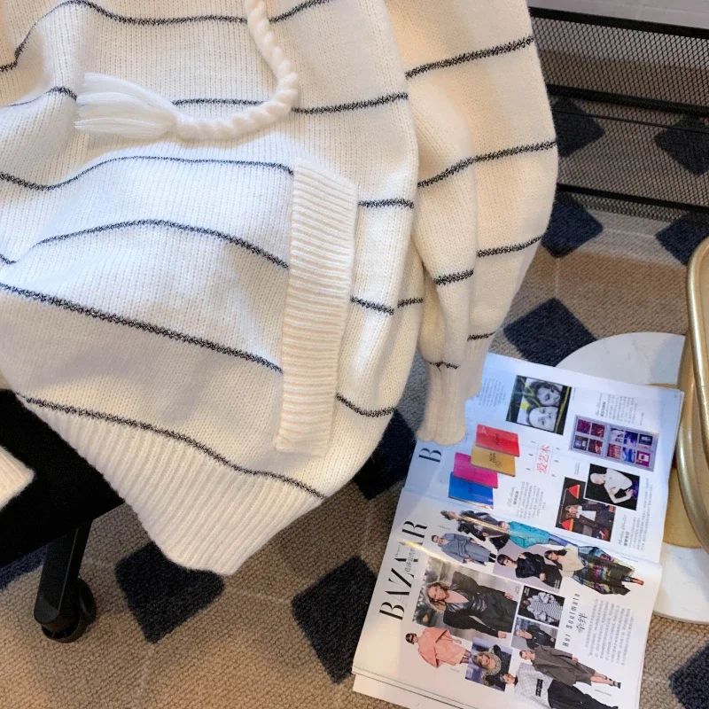 Autumn Winter 2025 New Women's Hooded Sweater Pullover Loose Casual Long Sleeve Striped Knitted Top Elegant Knitwear