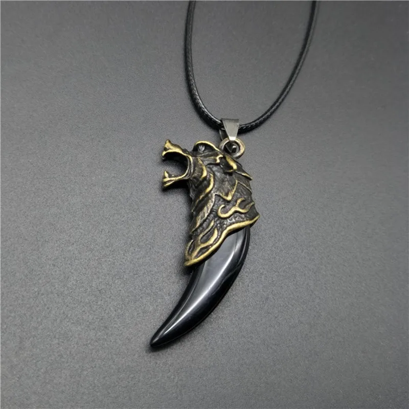 Punk Resin Wolf Tooth Pendant Wolf Head Leather Rope Chain Necklace for Men Women