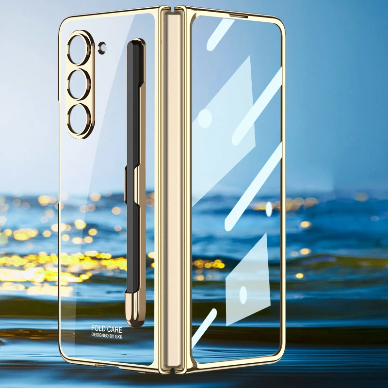 

Transparent Plating Pen holder Cover for Samsung Galaxy Z Fold 5 Case Slim Clear hard PC Cover With Front Glass