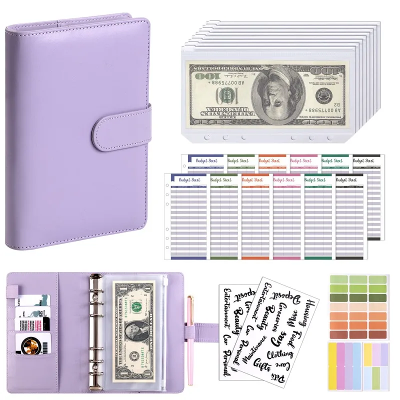 PU Leather A6 Budget Binder with Cash Envelope Pockets & Zipper