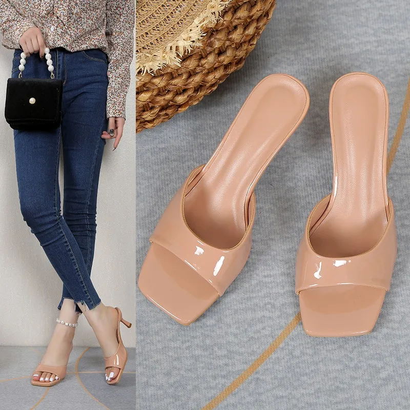 

2024 New Summer Casual Fashion Versatile Slim Heel Square Toe Open Toe Sexy Outward Wearing Slippers