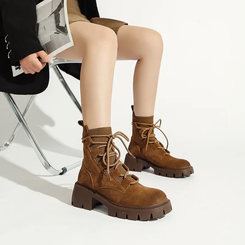 Women Boots Rubber Short Ankle Female Shoes for Women Winter Platform Thick Boots 2023 New Round Toe Cross-Tied Black Boots New
