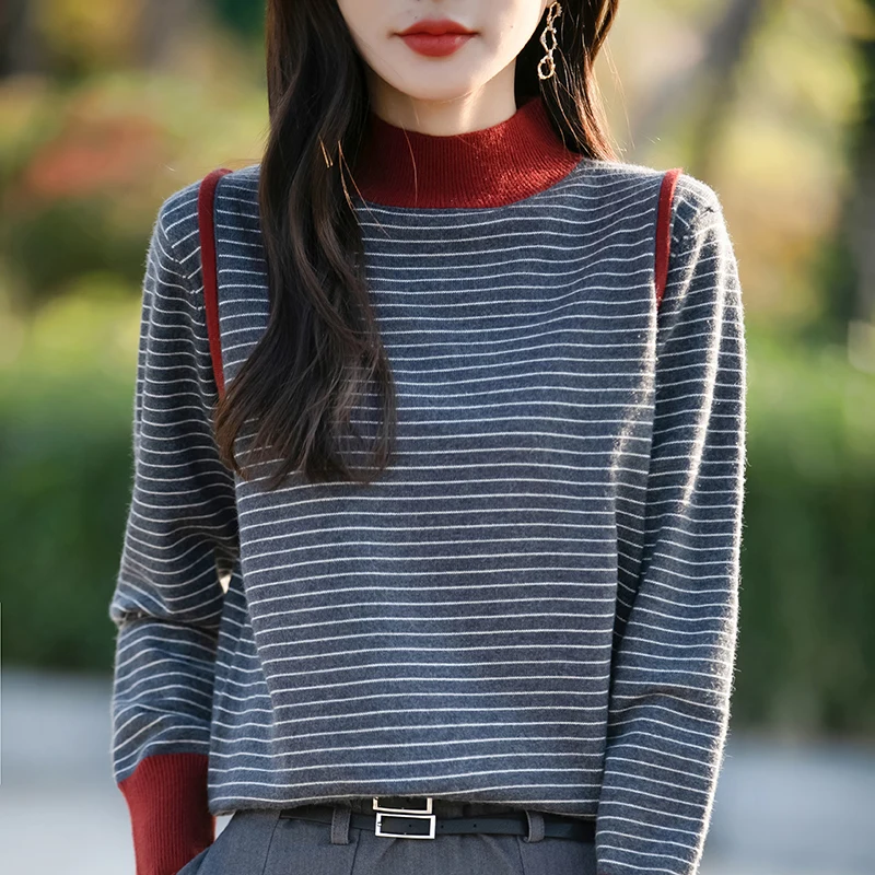 Autumn Winter Women Fine Wool Sweater Mock Collar Color Blocking Splicing Pullover Knitwear Thickening Clothing Bottoming Tops 2
