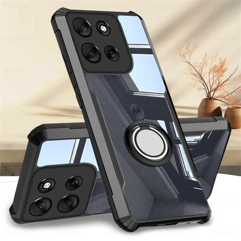 Crystal Clear Acrylic Protective Case with Magnetic Ring Stand and Rubber Armor