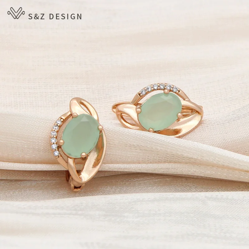 S&Z DESIGN New Fashion Green Egg Shape Crystal Dangle Earrings For Women Wedding Elegant 585 Rose Gold Color Jewelry