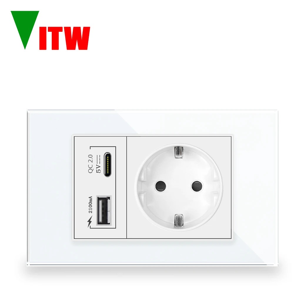 VITW ปลั๊กไฟมาตรฐานยุโรป 16A พร้อมพอร์ต USBA&C, AC110-250V, แผงกระจกสีขาว, เหมาะสำหรับปลั๊กไฟฟ้าของสหภาพยุโรป 1