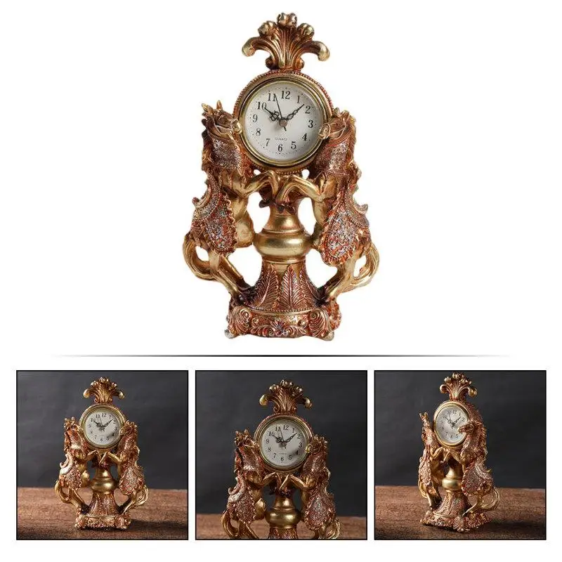 1pc Vintage Dual Horse Clock Adornment European Style Clock Desktop Clock Decoration Home Clock Ornament