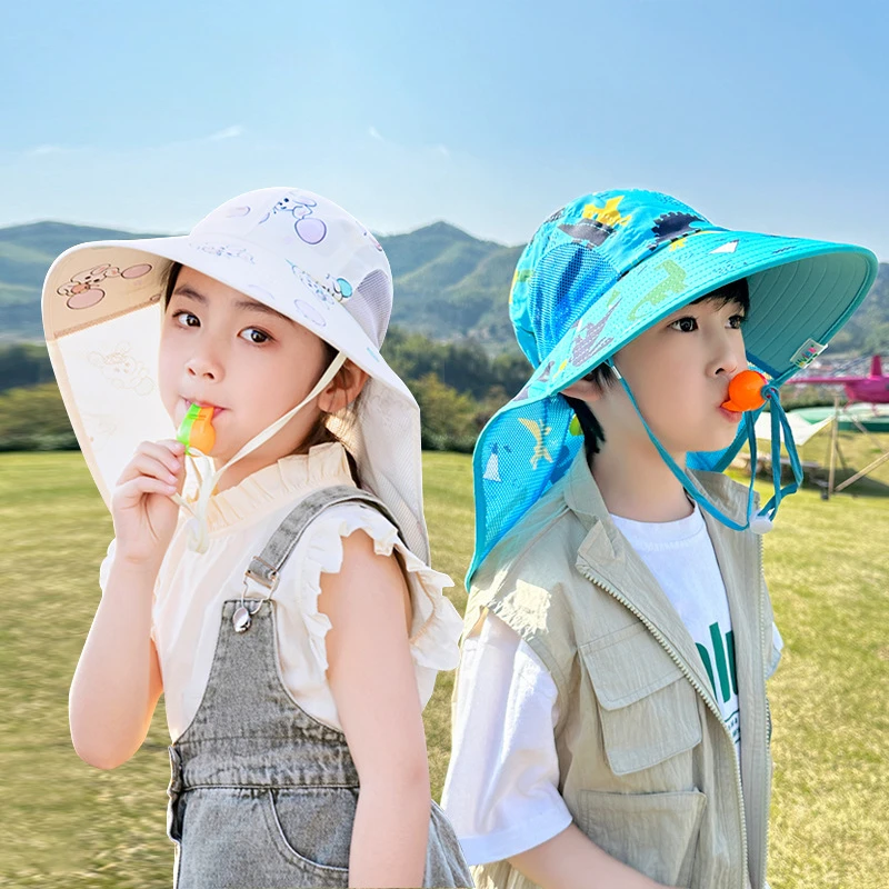 Kids Bucket Hat with Whistle Outdoor Cute UV Protection Beach Cap Boy Girl Summer Hat Breathable UV Protection 2