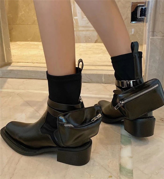 

Cool Black Leather Pocket Boots Women Chunky Low Heel Square Toe Ankle Calf Booties Removable Zipper Stretch Fabric Design Shoes