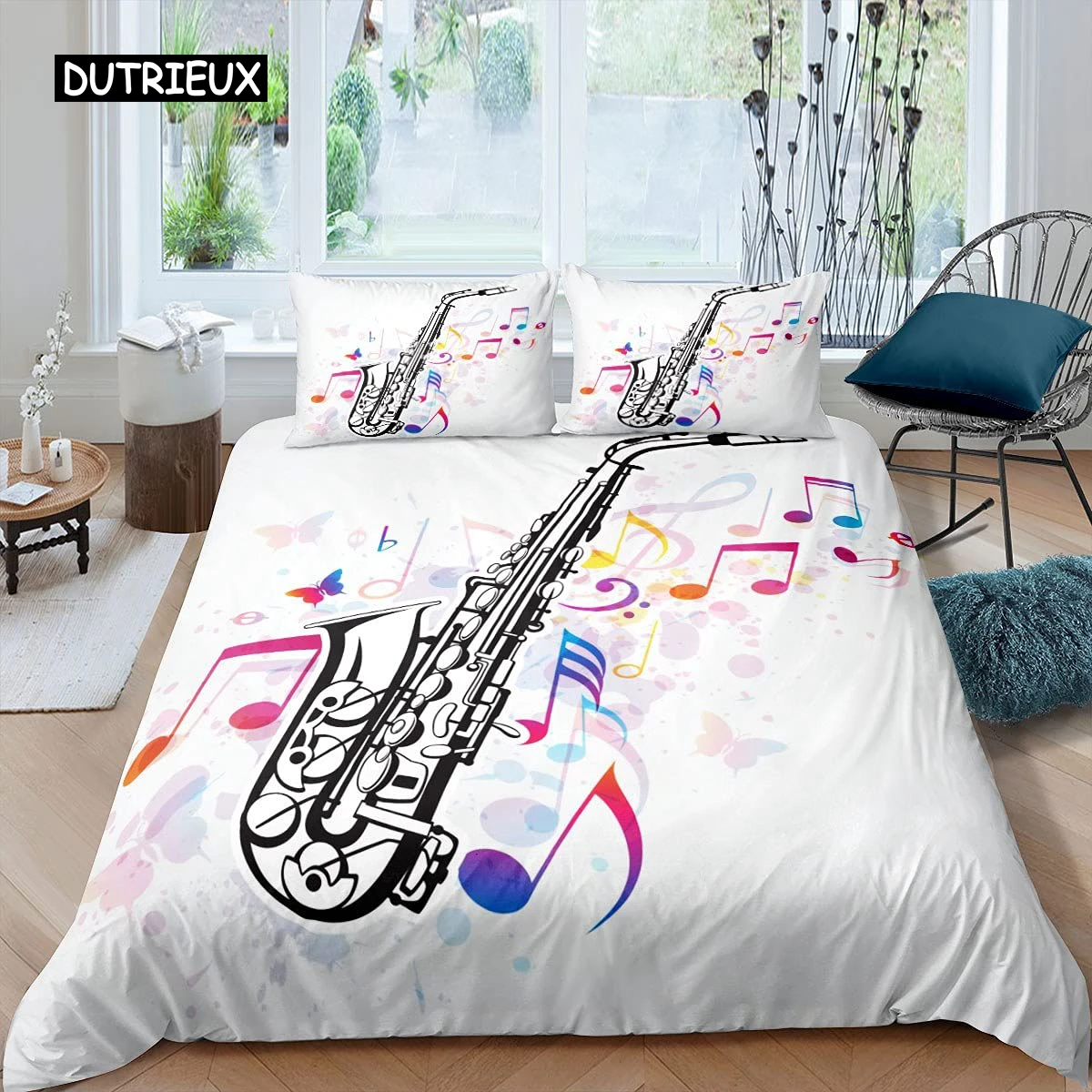 

Saxophone Duvet Cover Set Rotating Musical Notes Bedding Set Musical Instrument Retro Jazz Music Theme Twin Quilt Cover for Kids