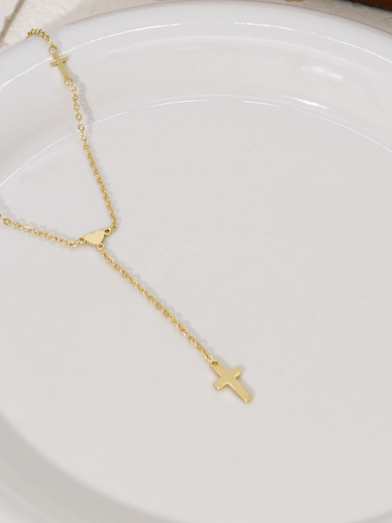 Dainty Gold Y-Shaped Necklace: Minimalist Cross & Heart Pendant Chain, Womens