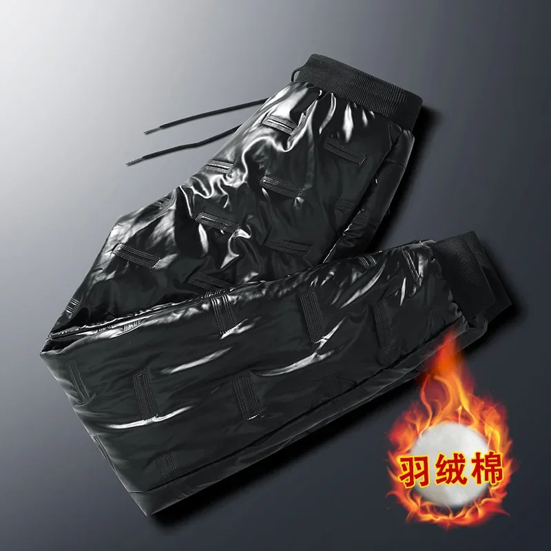 Down Cotton Pants for Men's Outerwear, Fashionable, Winter Thickened, Casual, and Oversized, Warm and Glossy Pants Trend