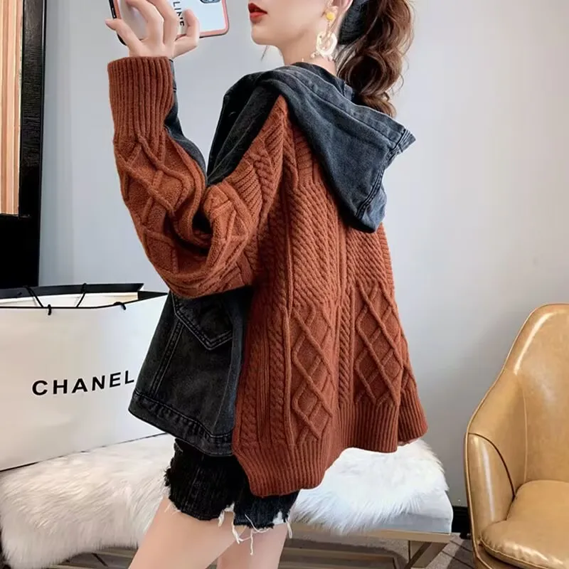 

Осень-зима 2023, Новое поступление, джинсовый свитер, пальто, женский свободный утепленный вязаный кардиган, Женский Топ