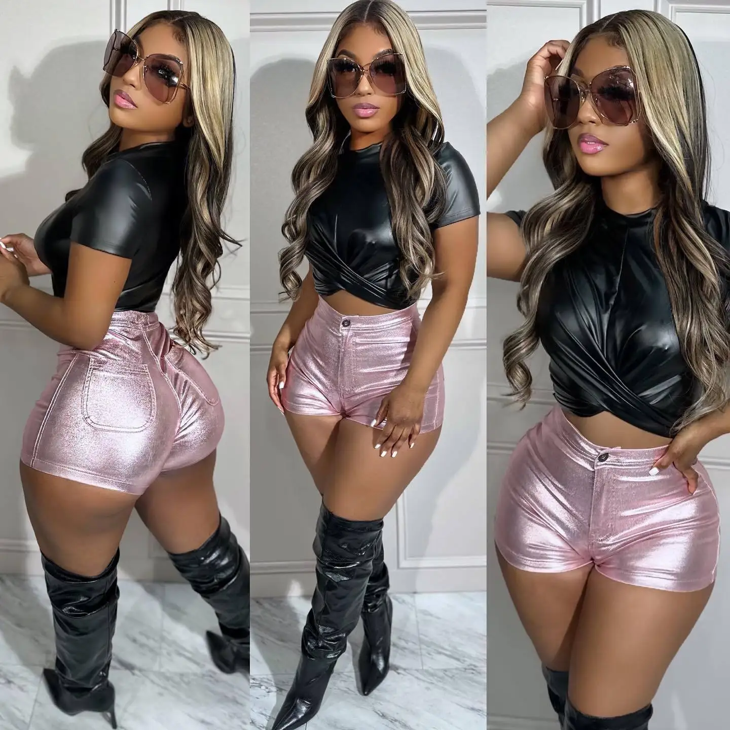 Summer Women  Sexy Y2k Candy Color Shiny Skinny Shorts Streetwear Leather Reflective High Waist Hip Wrap Club Women'S Shorts