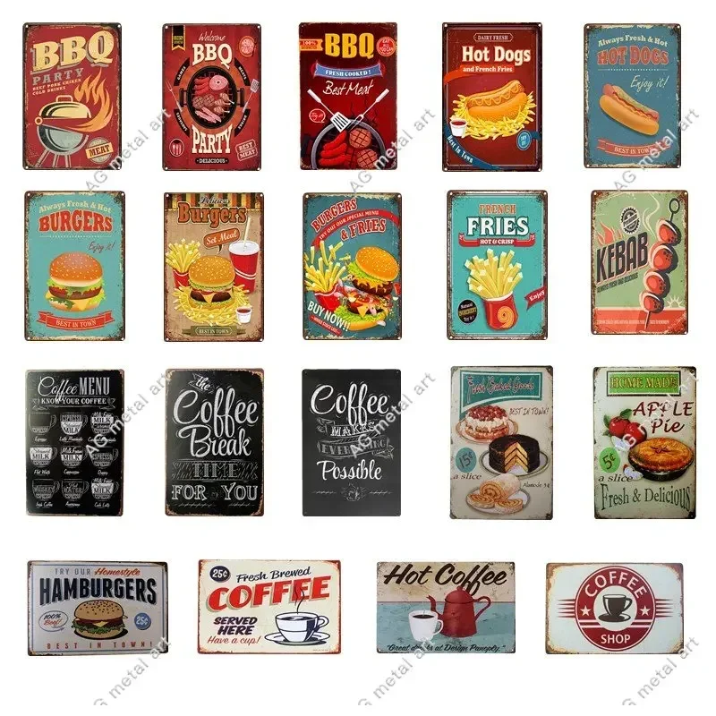 

Барбекю, кофе, гамбургер, кафе, бар, паб, Настенный декор, металлический знак, винтажный домашний декор, жестяной знак, настенный плакат, крутая металлическая пластина, плакаты